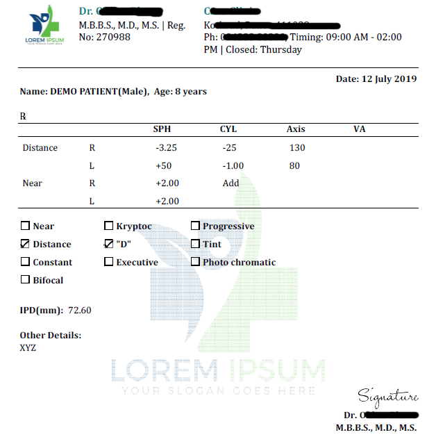 Prescription Format Eyeglass Rx