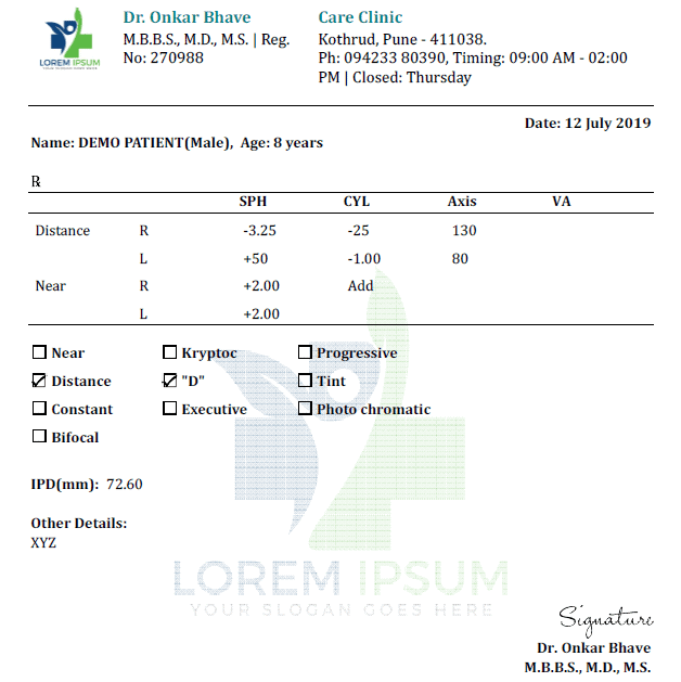 Prescription Format Eyeglass Rx