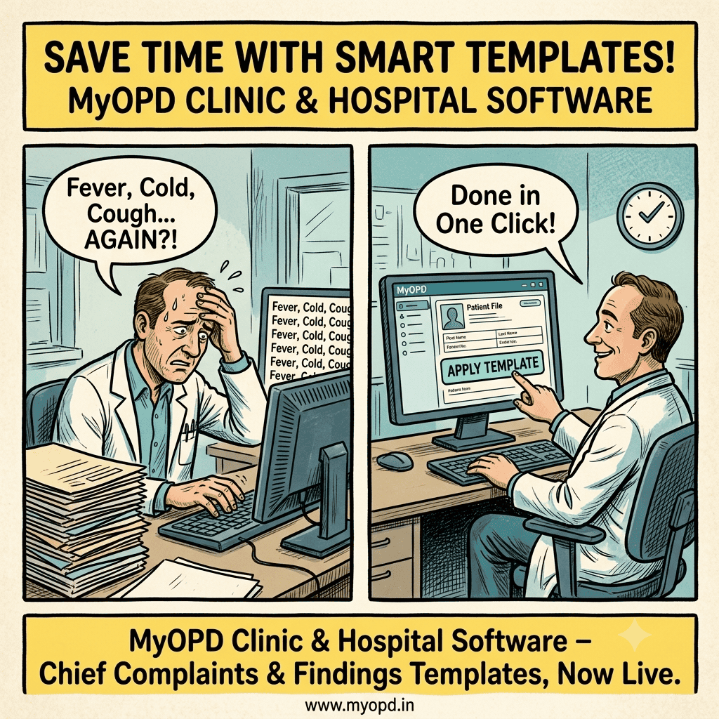 Chief Complaint Templates in MyOPD: comic-style illustration comparing a frustrated doctor manually retyping the same complaint versus a relaxed doctor using the new one-click template feature