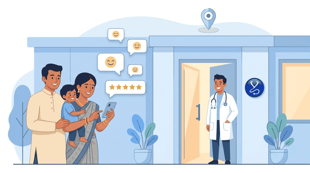 Patient reviews for clinics and hospitals amily reading patient reviews and a five-star rating on a phone outside a clinic